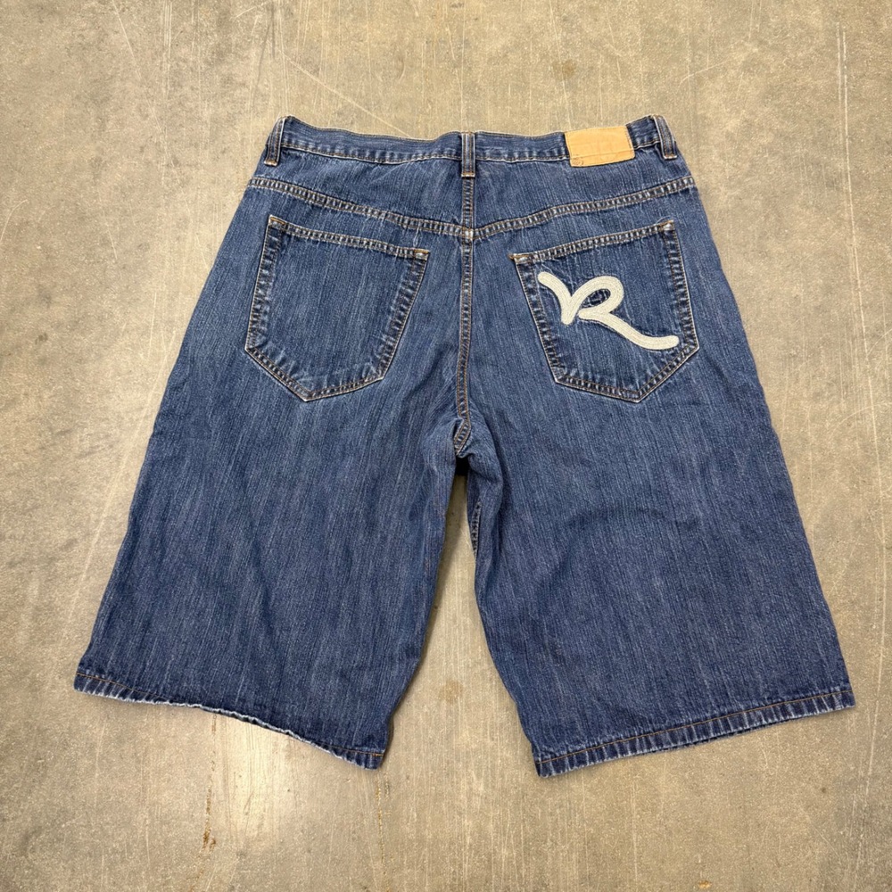 Mens Rocawear Baggy Denim Shorts Size 38 Blue Y2K Hip Hop Embroidered Logo